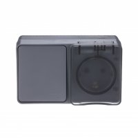 Систэм э Atlas Design Profi блок розетка 16А 250В с заземл. защ. шторки + 1-кл. вык ОП антрацит IP54