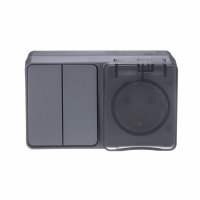 Систэм э Atlas Design Profi блок розетка 16А 250В с заземл. защ. шторки + 2-кл. вык ОП антрацит IP54